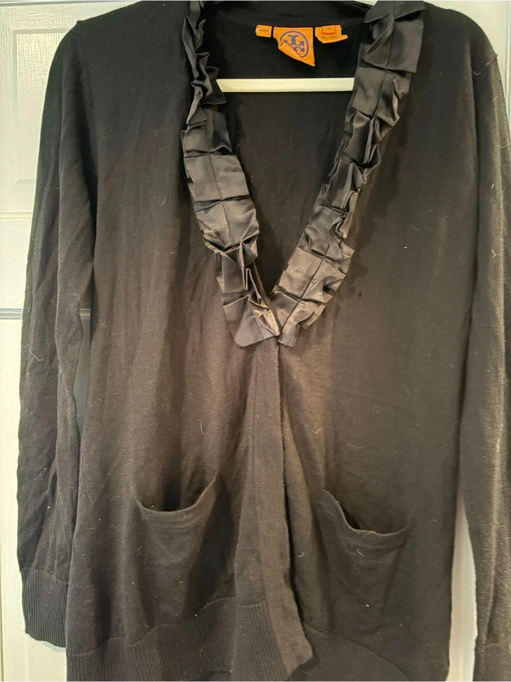 Black Ruffle-Trim V-Neck Women's Sweater cardigan wool tory burch m